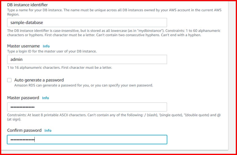 Picture showing adding the database name and the credentails while creating a new database using RDS